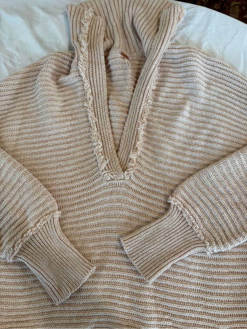 Free People Frayed V-Neck Knit Sweater in light pink
